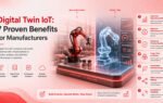 Digital twin IoT visualization showing holographic 3D model overlaid on factory machinery