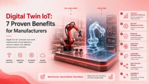 Digital twin IoT visualization showing holographic 3D model overlaid on factory machinery