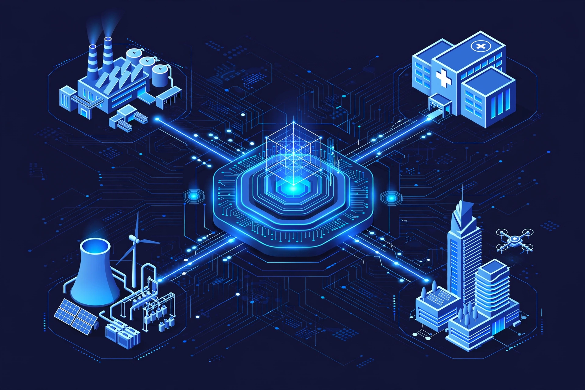 Isometric infographic showing digital twin use cases across factory, hospital, smart city, and energy plant industries