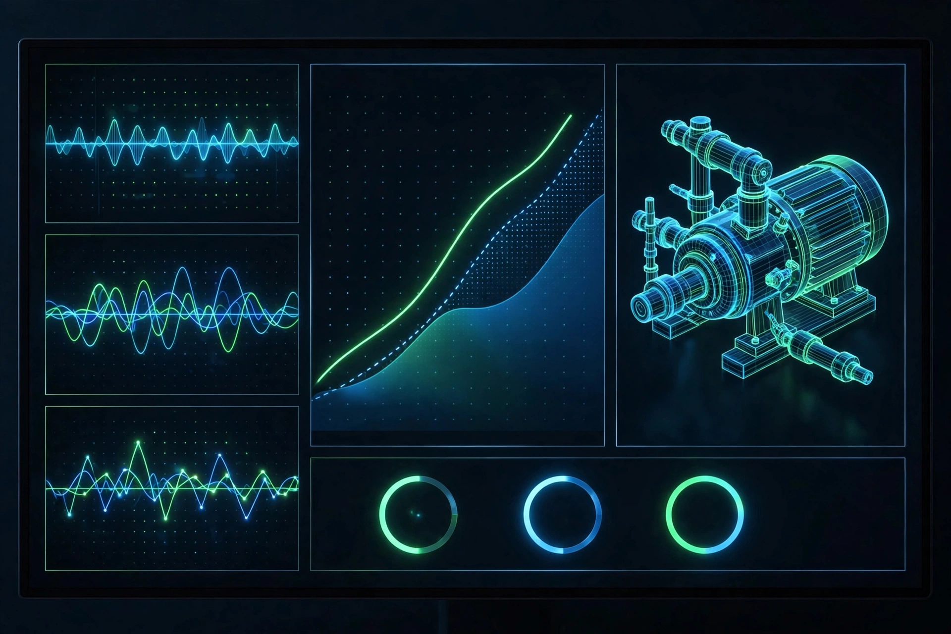 Real-time IoT dashboard monitor showing digital twin sensor data streams, predictive analytics graphs, and 3D machine model