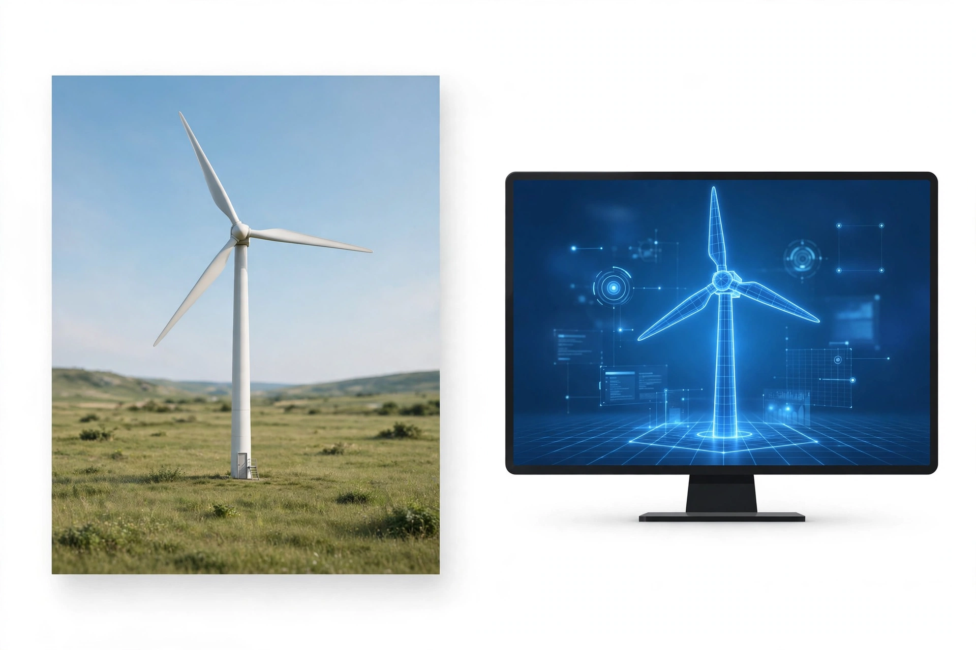 Wind turbine physical asset alongside its glowing digital twin replica on a monitor screen